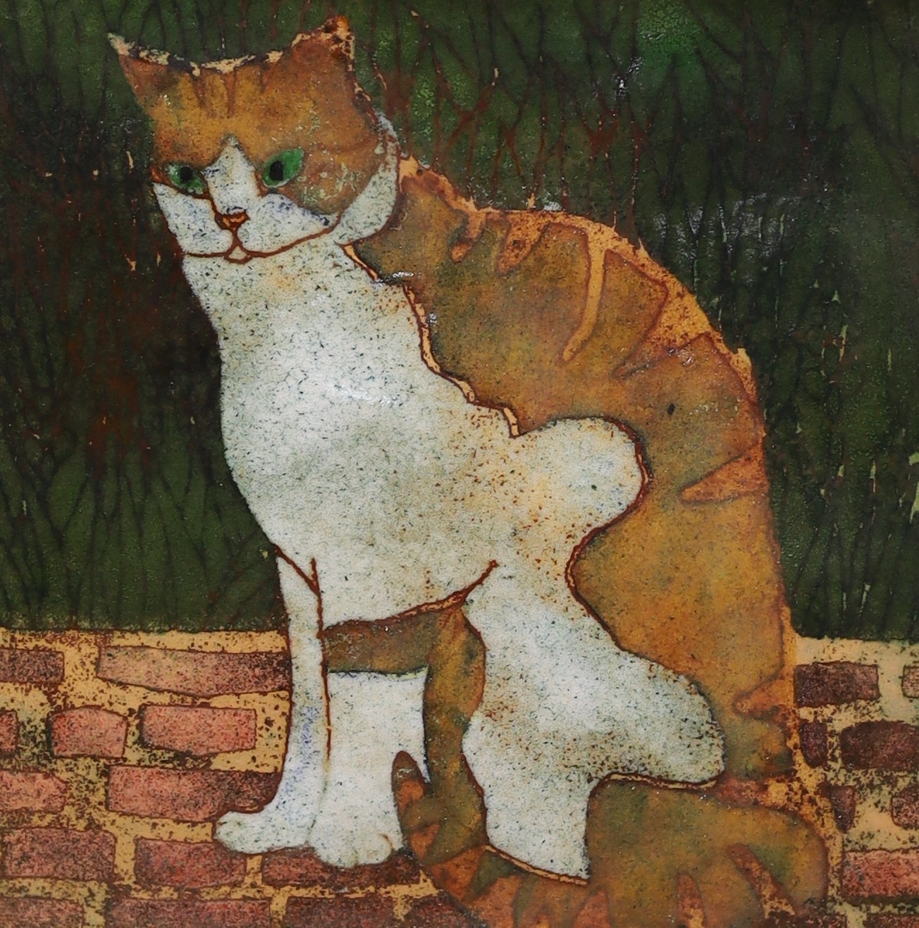 Beryl Turpin Limited Edition enamel on copper 'Cat on bricks' 5/10. 19 x 19cm